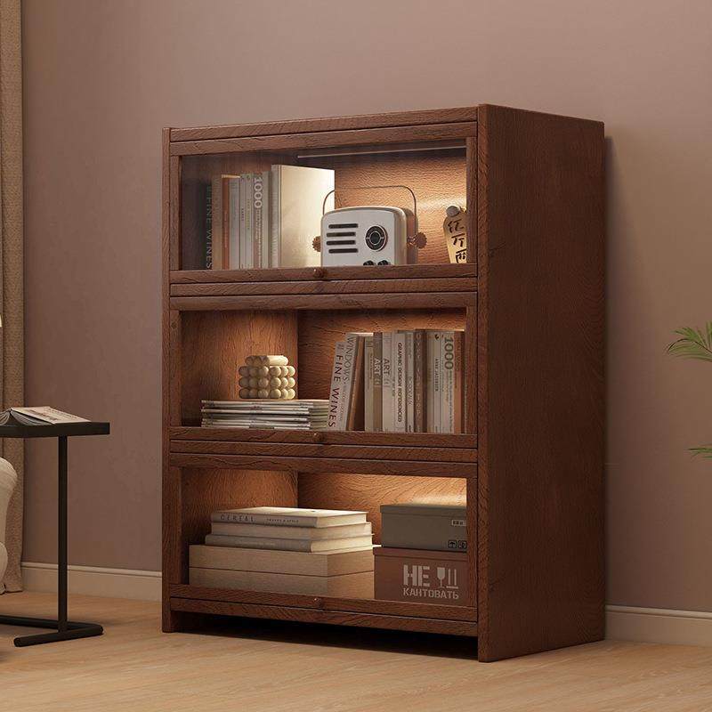 美式复古落地书柜实木小柜子储物柜客厅收纳展示柜靠墙一体置物架