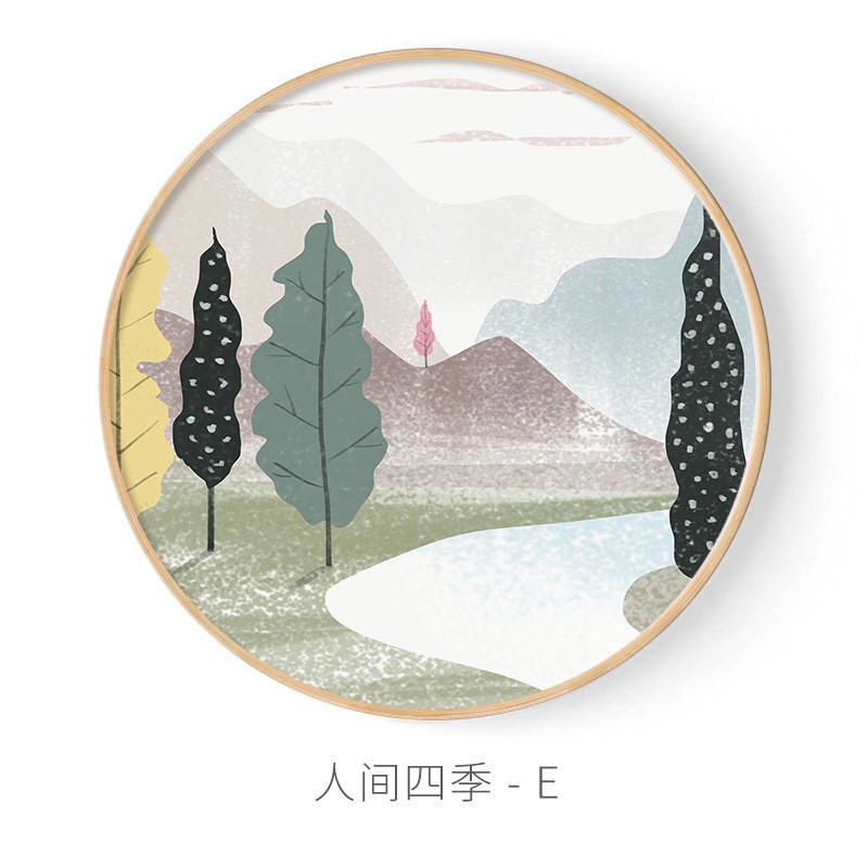 人间四季圆形装饰画客厅画现代简约风景壁画北欧卧室餐厅墙上插画图片