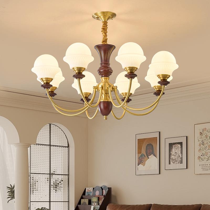 法式中古风客厅吊灯全铜实木主灯餐厅卧室温馨房间灯复古卧室吊灯