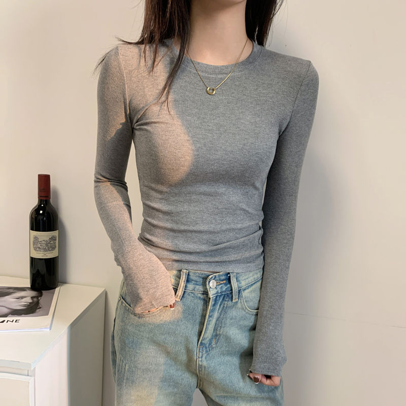 打底衣女内搭高级感可外穿配大衣美式正肩长袖纯棉t恤女灰色修身