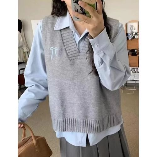 马甲女2025新款轻奢高级感外穿蝴蝶结绣花针织马甲背心女叠穿衬衫