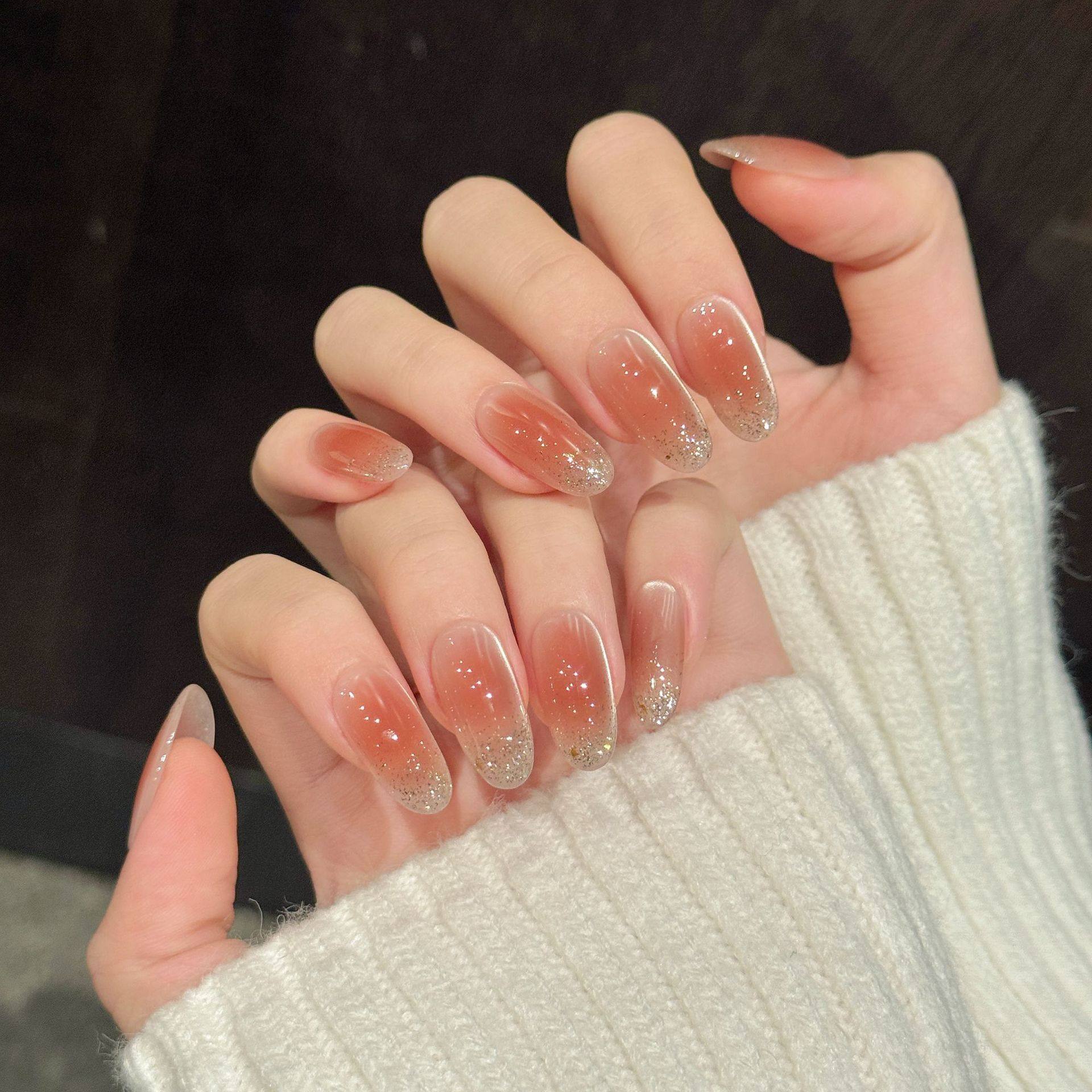 指尖美学【粉金蜜柚】纯手工穿戴甲粉透渐变碎金细闪温柔美甲贴片,彩妆/香水/美妆工具,穿戴甲/甲片,淘宝优惠券,粉丝福利购,淘宝优惠卷