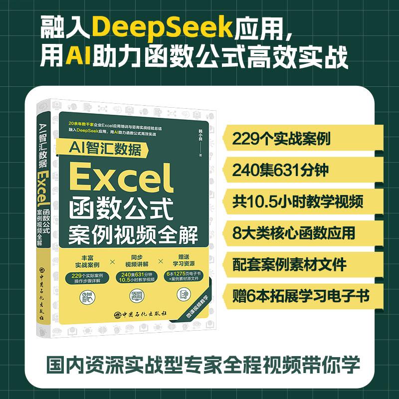 【新华正版】 AI智汇数据Excel函数公式案例视频全解 融入DeepSeek应用240集631分钟共105小时全程视频教学229个实际案例8大类120