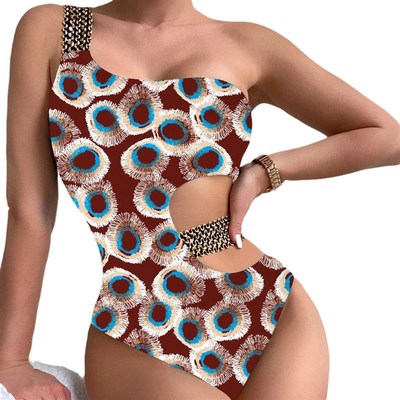 Swimwear printed hollow out one piece single shoulder swimsu