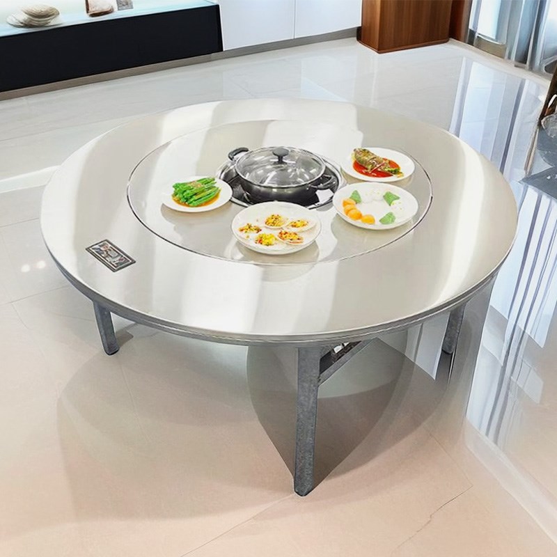 不锈钢圆桌冬天火锅桌子下沉式电磁炉一体M内置转盘可折叠家用商