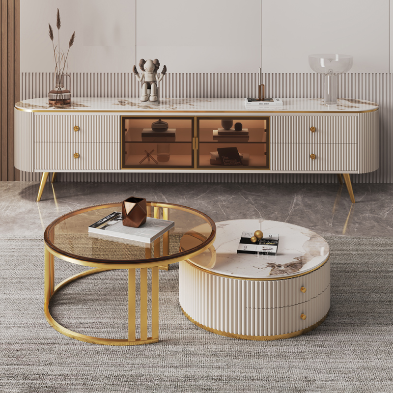 岩板电视柜简约现代小户型实木卧室E客厅家用圆形玻璃轻奢茶几组