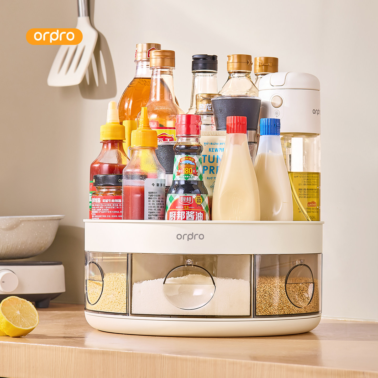 厨房双层调料置物架可旋转家用台面多功能油盐酱醋调味瓶收纳转盘