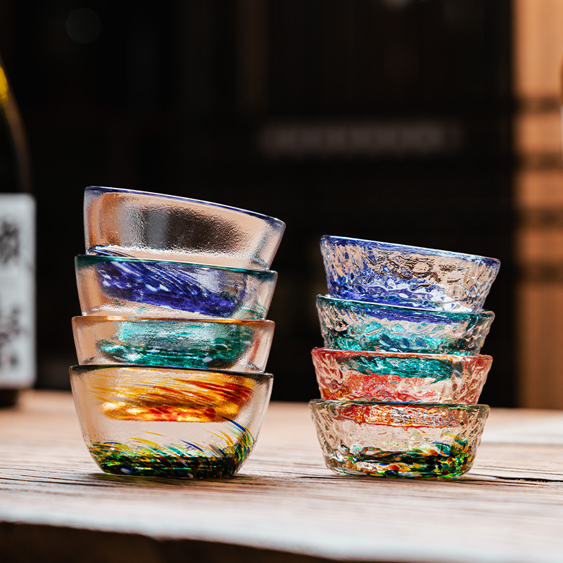 日式创意餐具g 彩色琉璃杯多款清酒杯冰酒杯果酒桃花酒杯玻璃味碟