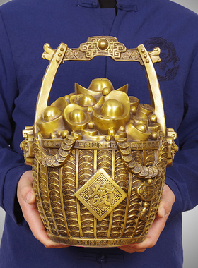 一桶金黄铜摆件招财铜聚宝盆客厅店铺公司开O业礼品办公室桌面装