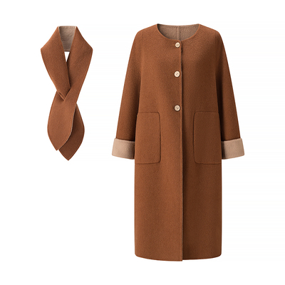 【小田专享】秋冬小圆领围脖长款双面呢大衣  F18