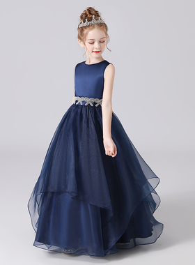 合唱主持表演礼服长款藏青色演出服女童小提琴演S奏高端钢琴演出