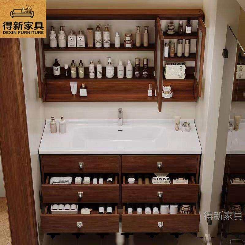 家用实木落地浴室柜法式复古组合多抽陶瓷一体橡木实木储物岩板