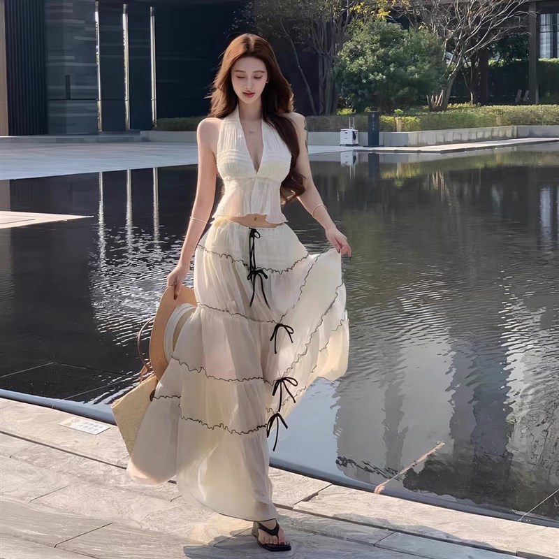 绝美沙滩泳衣女比基尼罩衫海岛性感V领挂脖大露背网纱高腰半身裙