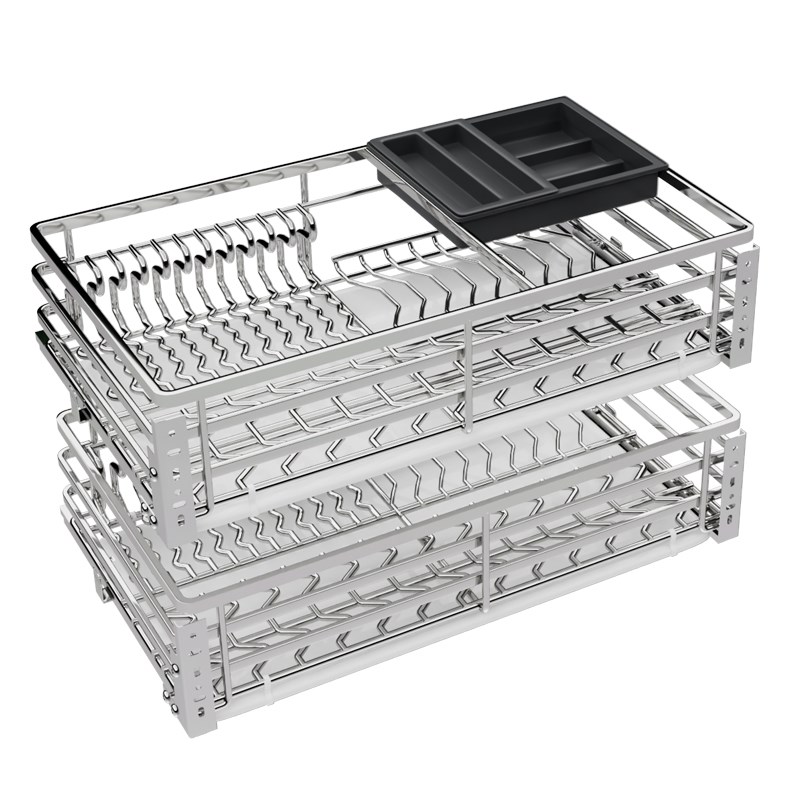 拉篮厨房橱柜304不锈钢双层抽屉式碗架碗碟篮碗柜厨柜碗篮
