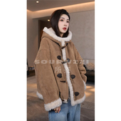 SOURWZZI 所姿100%羊毛连帽牛角扣反绒面休闲女士外套SZ 25666