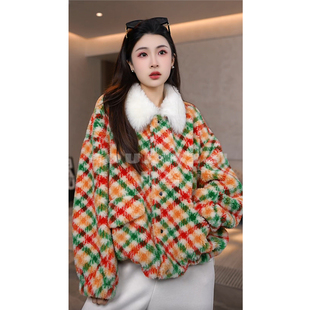 SOURWZZI/所姿100%羊毛冬季彩虹格时尚百搭休闲女士外套SZ-25791