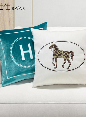 丝绒白色刺绣抱枕简约轻r奢靠背垫北欧沙发橙色现代腰枕样板房腰