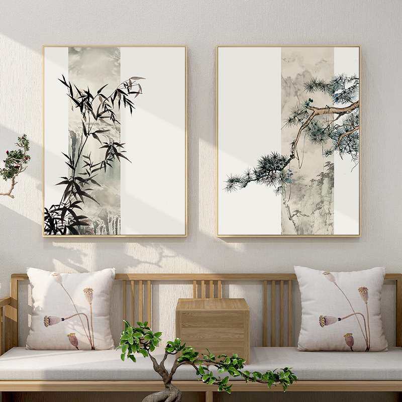 新中式玄关装饰画松竹梅中国风迎客松客厅挂画书房茶室禅意壁画