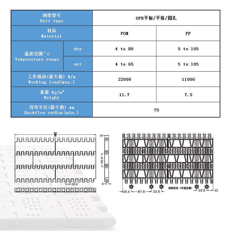 OPB网带/平板/网格/圆孔/档板/POM塑料输送网带 节距50.8厂家