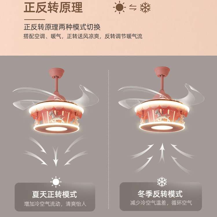 【跨境】儿童房吊灯女孩子房间灯卧室灯粉色旋转木马隐形风扇灯