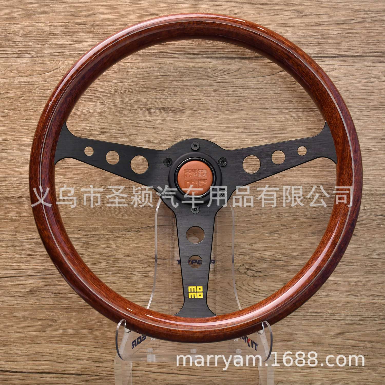 复古木质平盘350毫米方向盘14英寸经典木纹跑车方向盘6螺栓黑辐条