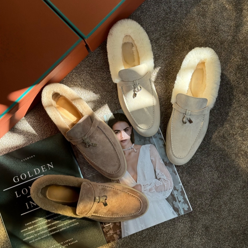 LP加绒乐福鞋真皮毛一体雪地靴女厚底加绒保暖棉鞋一脚蹬毛毛鞋