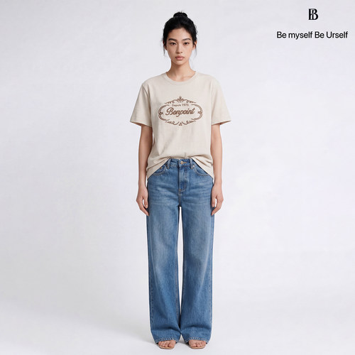 圆领宽松亚麻绣花图案棉质T恤女
