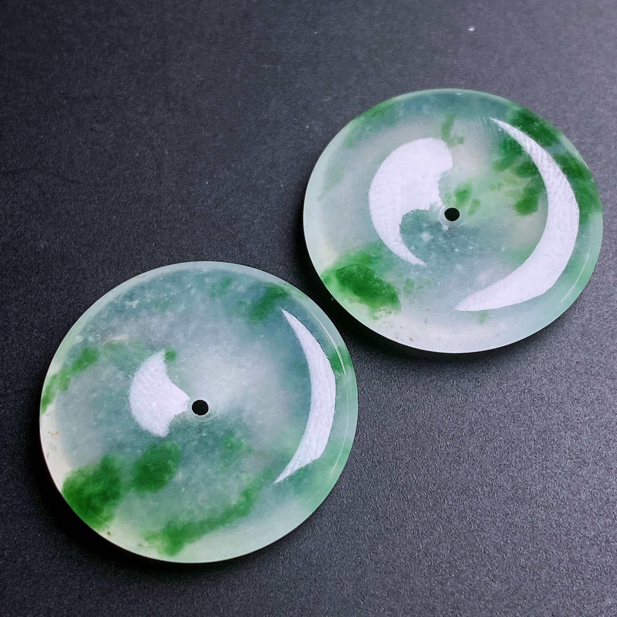 缅甸天然翡翠a货冰飘花平安扣一对镶嵌耳坠fxj尺寸:18.8-3.8mm