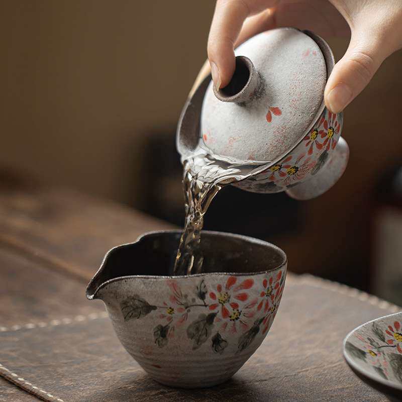 弥言日式诧寂风粉引粗陶手绘盖碗复古高足泡茶碗茶杯单个茶艺茶碗