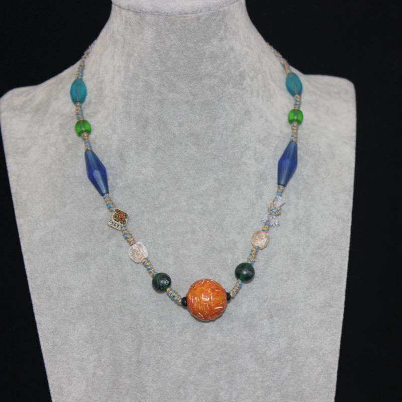 供应明清藏式手编绳老琉璃多宝珠子搭配老玉圆珠子锁骨链