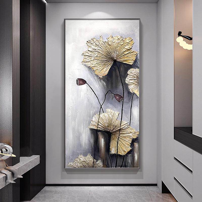 现代高档纯手绘荷花油画大芬村玄关装饰画客厅走廊过道肌理感挂画