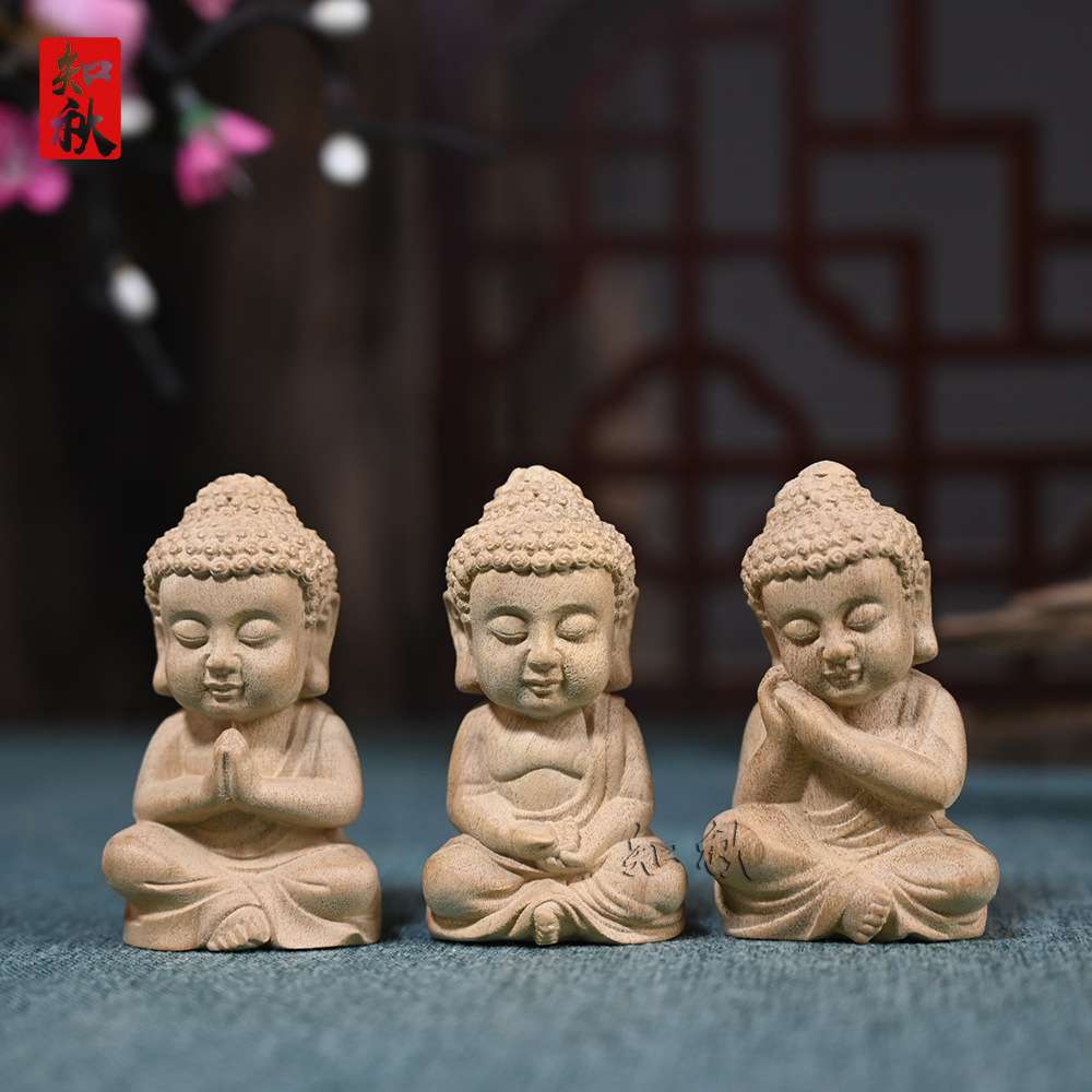 金丝楠木雕刻宝宝佛汽车小摆件小沙弥茶宠家居装饰摆饰木质工艺品