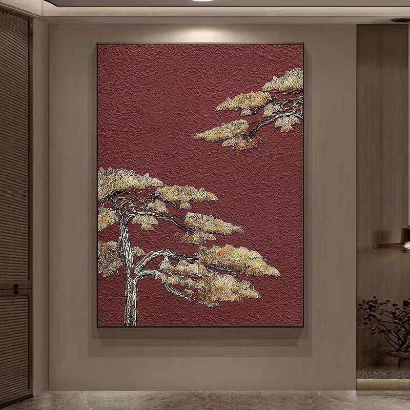 纯手绘油画新中式迎客松玄关入户装饰画手工肌理客厅红色挂画过道