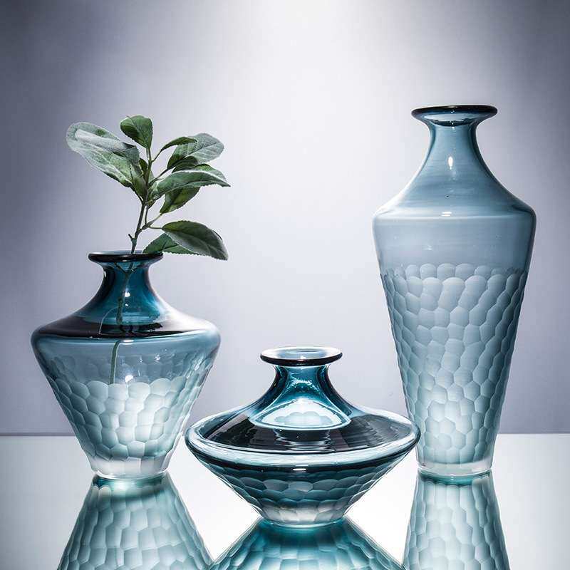 浅蓝磨刻细脖玻璃花瓶 水培富贵竹花器家居装饰摆件工艺品