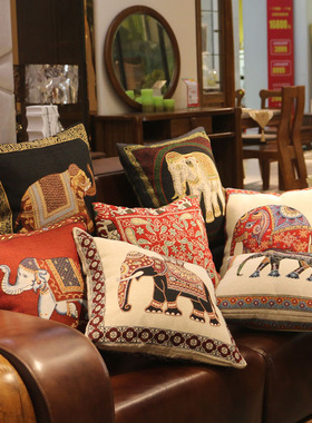东南亚民族风大象靠枕套双面绣花抱枕套泰式KSPA餐厅沙发靠垫含芯