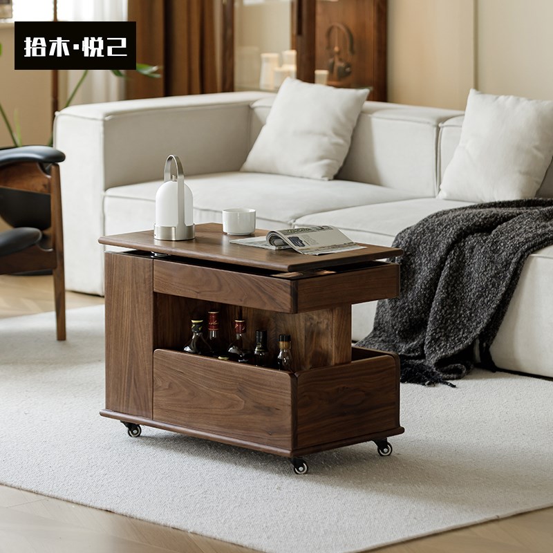 实木茶几黑胡桃j木多功能升降边几可移动沙发边柜小户型家用小推