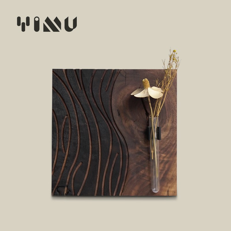 YIMU碳化木块侘寂风摆件黑胡桃B实木小花器瓶墙面艺术挂件墙壁美