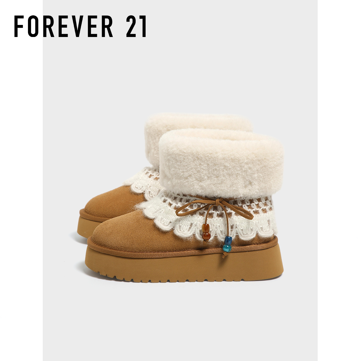 F21超厚底牛皮雪地靴女2025新款