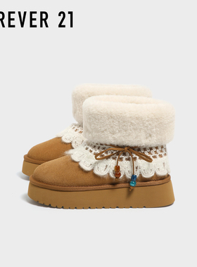 F21厚底牛皮雪地靴女2025新款冬季加绒加厚皮毛一体保暖防寒棉鞋