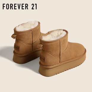 F21羊毛牛皮雪地靴女2025新款 冬厚底保暖加绒软防滑真皮中筒棉鞋