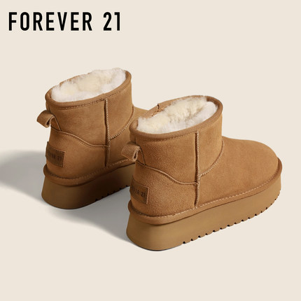 F21羊毛牛皮雪地靴女2025新款冬厚底保暖加绒软防滑真皮中筒棉鞋