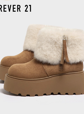 F21绒毛一体雪地靴女2025新款冬季厚底加绒保暖翻领毛毛短靴棉鞋