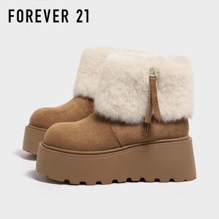 F21绒毛一体雪地靴女2025新款冬季厚底加绒保暖翻领毛毛短靴棉鞋