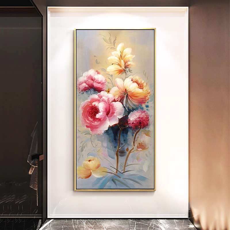 现代简约酒店客厅玄关装饰画挂画新中式牡丹花竖行画过道走廊壁画图片