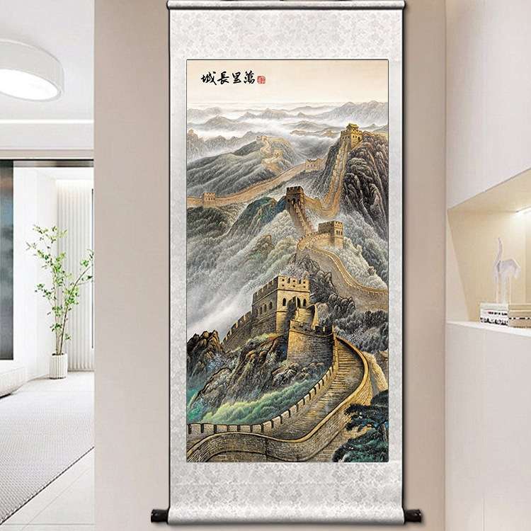 竖版万里长城靠山图东北缺角用卷轴山水挂画客厅玄关字画装饰国画