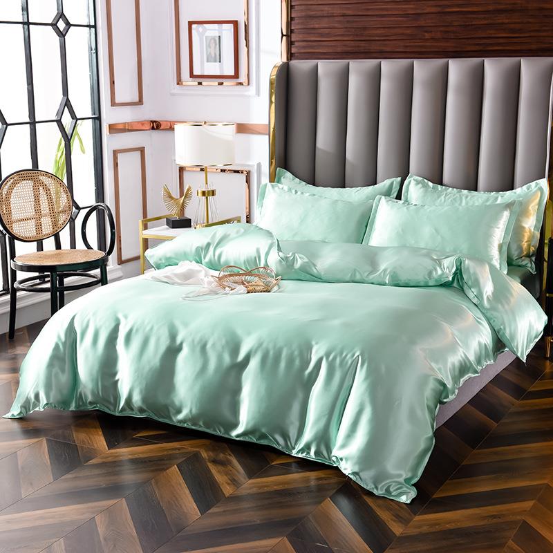 夏季简约纯色水洗冰丝四件套冰丝凉感裸睡冰丝床单床笠床上用品