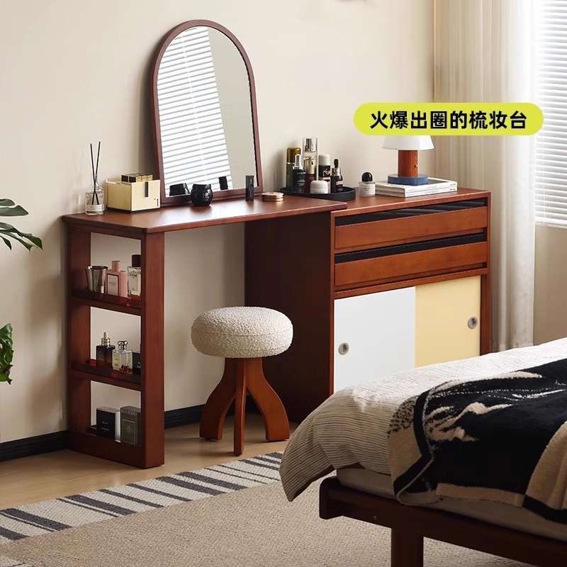 北欧实木梳妆台 家用小户型创意收纳一体转角柜卧室简约化妆桌