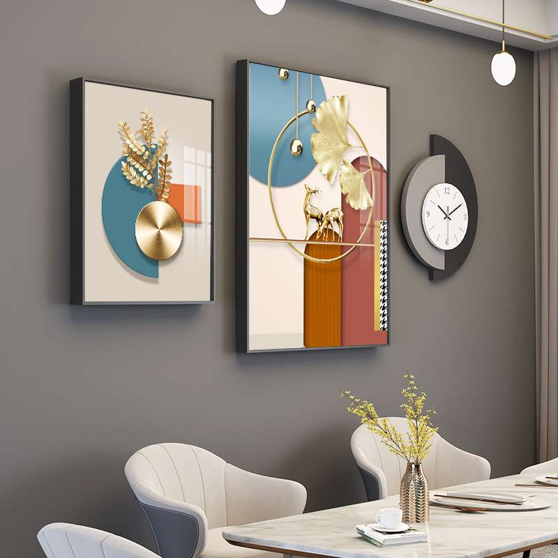 轻奢餐厅装饰画晶瓷壁画挂表组合铝合金画墙面艺术书房壁饰挂画图片