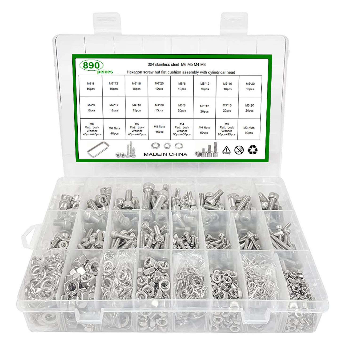 供跨境890pcs杯头内六角螺丝M3M4M5M6圆柱头滚花内六角螺钉DIN912