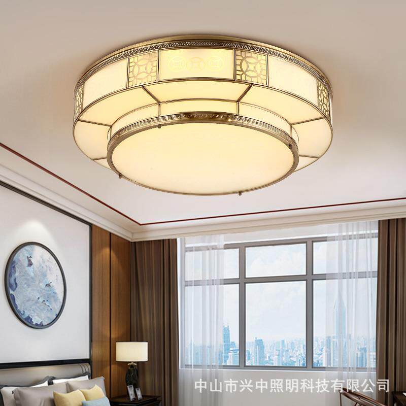 新中式卧室灯圆形温馨led吸顶灯客厅餐厅全铜灯古典艺术房间灯饰